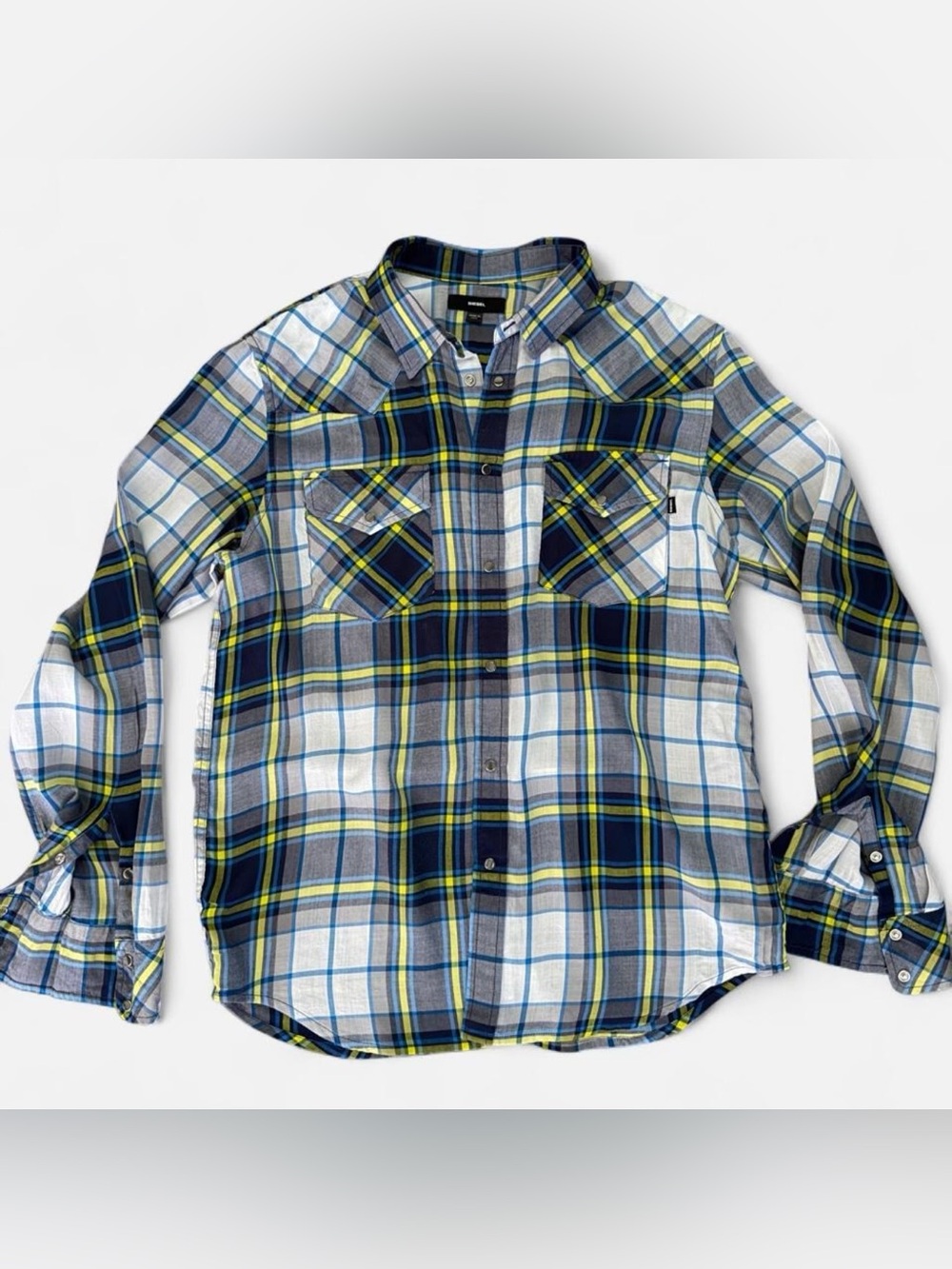Diesel Plaid Button-Down Shirt in Navy, Gray, White Large runs slim